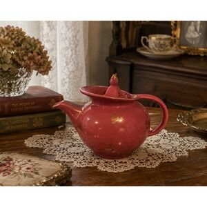 Hall China Rose Pink 6 Cup Teapot Gold Rose Filigree Vintage Made in USA